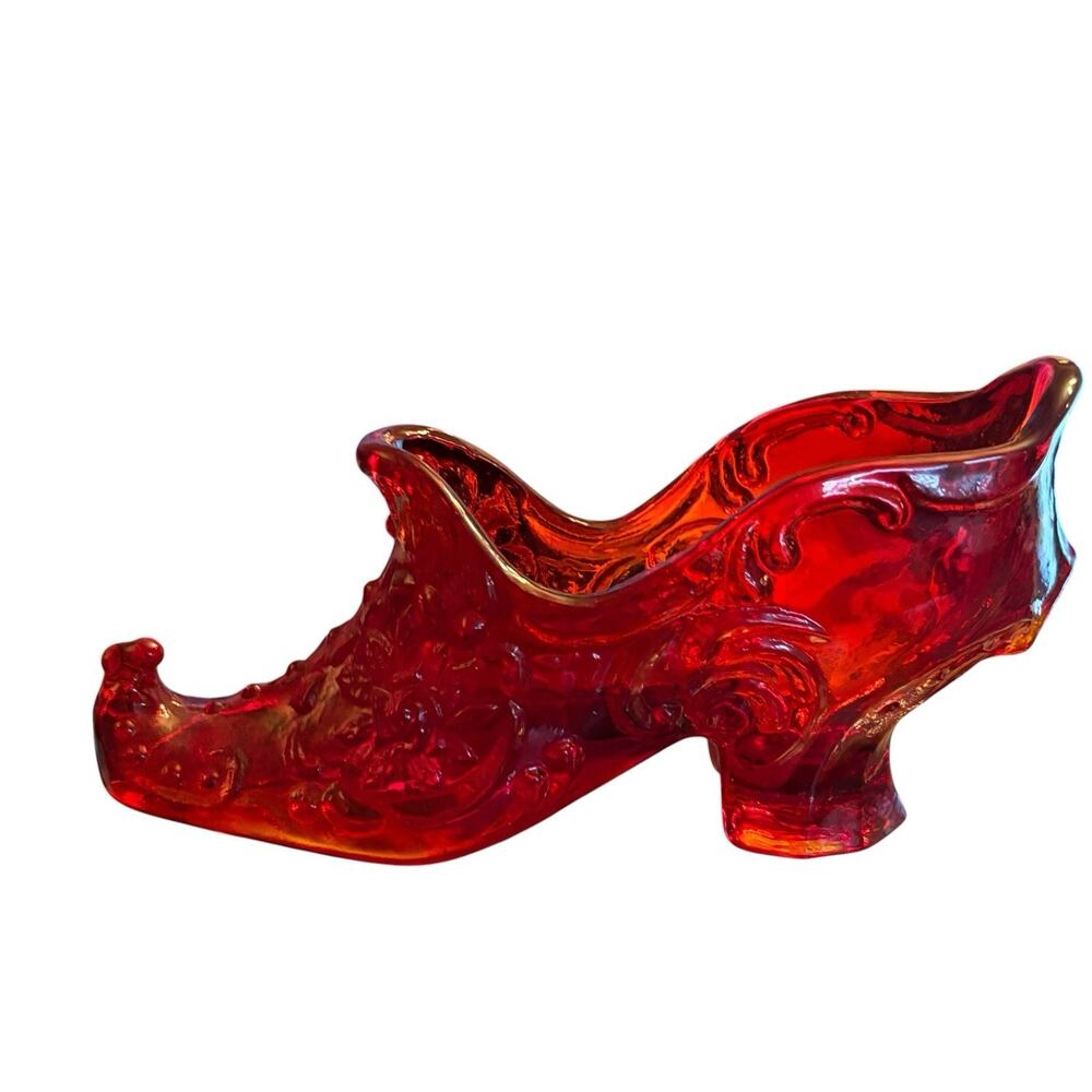 Vintage Mosser Ruby Red Glass Shoe 6.5” Embossed Upturned Toe Slipper EUC